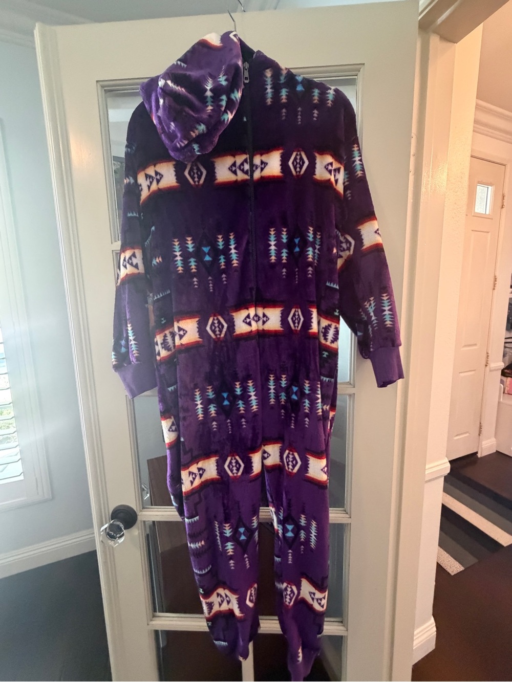 Plush Hooded Adult Onesie Robe in Purple Aztec Print